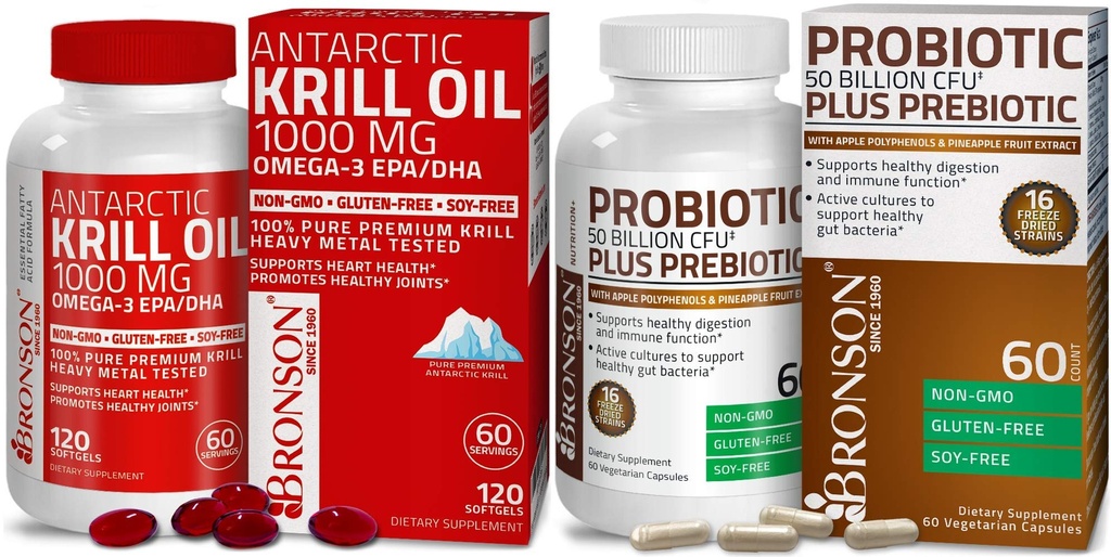 Probiotic Bronson 50 Miliarde CFU + Prebiotic cu polifenoli de mere și fructe de Ananas Extrac Antarctic ulei de krill 1000 mg cu Omega-3s EPA DHA