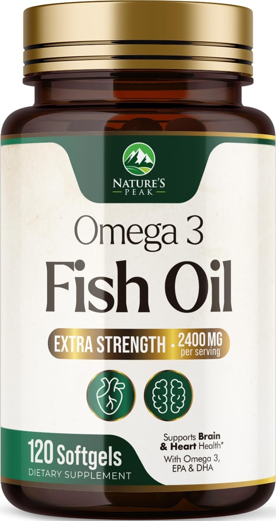 Omega 3 ulei de pește 2400 mg Supliment, Sustenabil sursă, Triple Putere Omega-3 Supliment Softgels, Brain Health Support, EPA & DHA ulei de pește acizi grasi Suplimente, Gluten & OMG gratuit, 120 Softgels