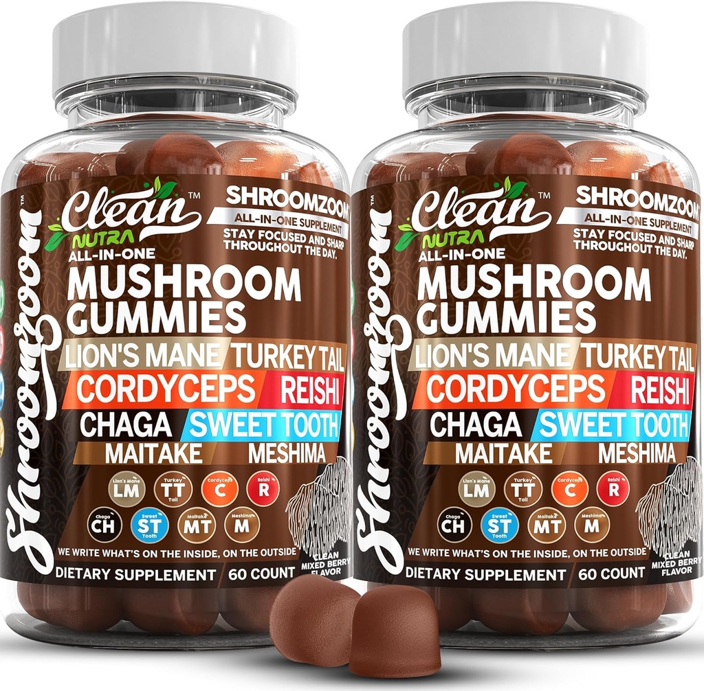 15in1 Gummie de ciuperci cu coama lui Lion Turcia coada Cordyceps Reishi Chaga dulce Toot Maitake Meshima Poria Cocos Shiitake Tremella, Oyster Agaricus ciuperci pentru bărbați și femei Supliment - 2Pack
