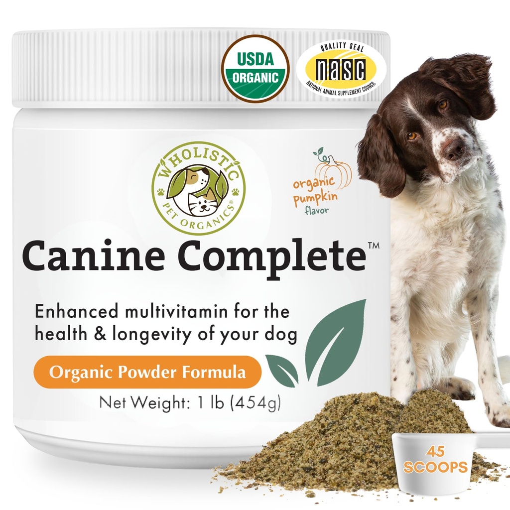 Wholistic Pet Organics Canine Complete - Dog Multivitamine Powder - 1 Lb - Daily Dog Vitamine și Suplimente pentru alimente de casă - Sistem imunitar, Piele, Haină & Sănătate generală - Rasă mică și mare