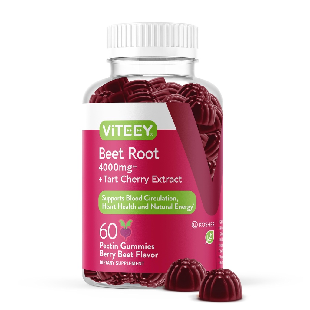 Viteey Beet Root Gummies 4000mg cu tarta Cherry - pentru suport de tensiune sanatoasa - Vegan, Gelatină gratuit, gluten gratuit - gustoase Berry Beet aroma Gummy