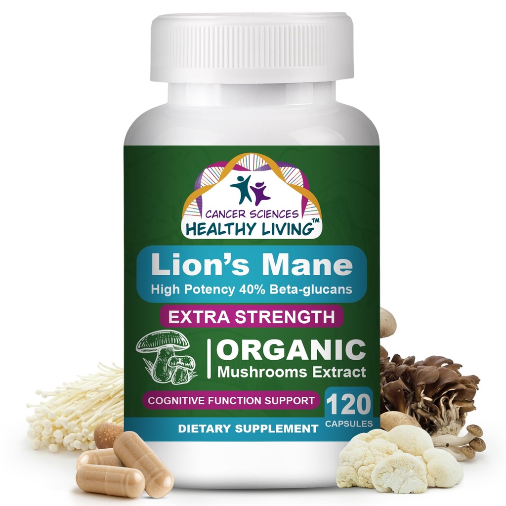 Științe ale cancerului Organic Lions Mane capsule supliment ciuperci pentru bărbați și femei - 1500 mg Suplimente cerebrale pentru memorie și focalizare - Potență ridicată 40% Beta-Glucans - Nootrop Complex de ciuperci, 120 Conte