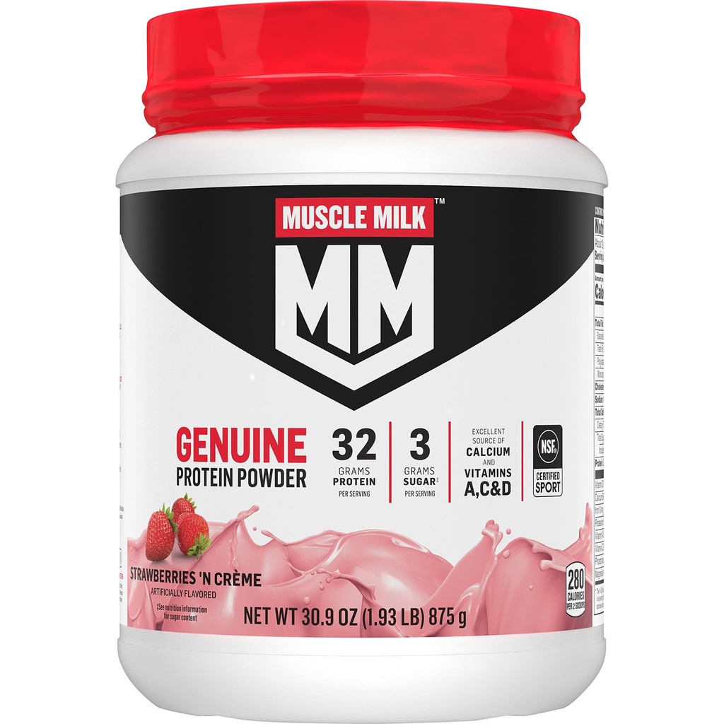 Muşchi Lapte praf de proteine autentic, Căpşuni, N Creme, 1.93 Lire, 13 Servings, 32g Proteina, 3g Zahăr, Calciu, Vitamine A, C & D, NSF Certificat pentru Sport, Energizant Snack, Ambalaj mai Vary