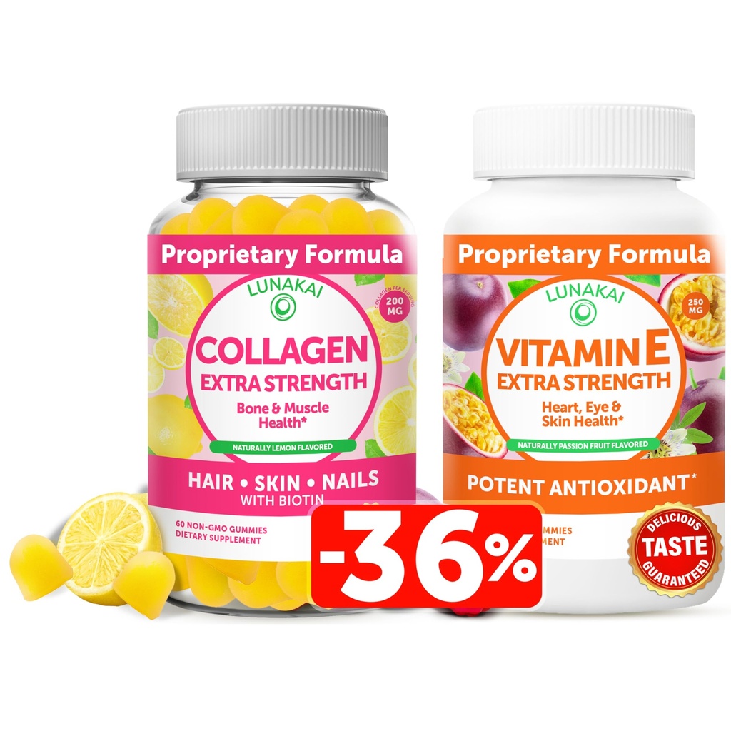 Lunakai Colagen și vitamina E Gummies Bundle - Suplimente anti-GMO pentru bărbați și femei - Gummy naturale cu vitamina C & 250 mg natural VIT E