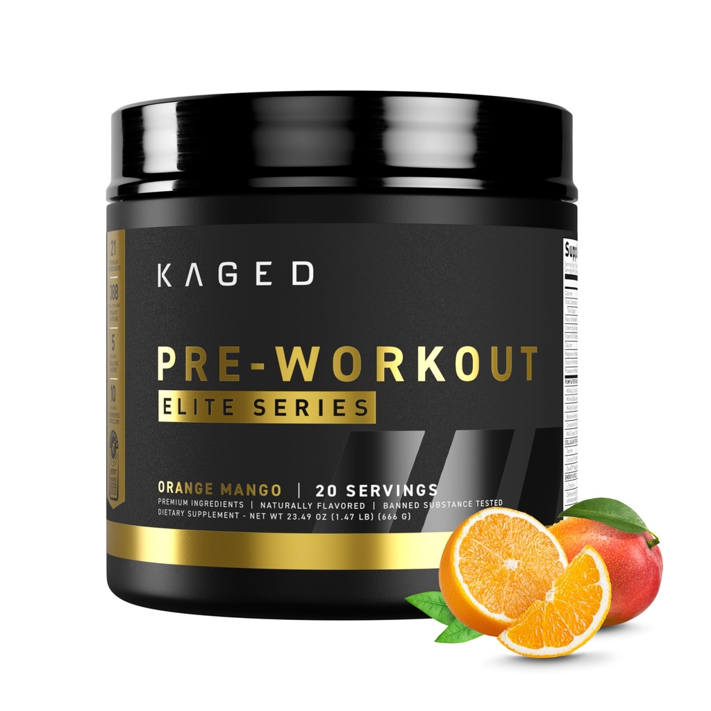 Kaged Pre Workout Powder Pre- Workout Elite pentru bărbați și femei, Stimulant ridicat pentru energie, Focus, Pompe, L-Citrulline, Beta Alanine, Creatina & 388mg de Cafeina organica, Orange Mango