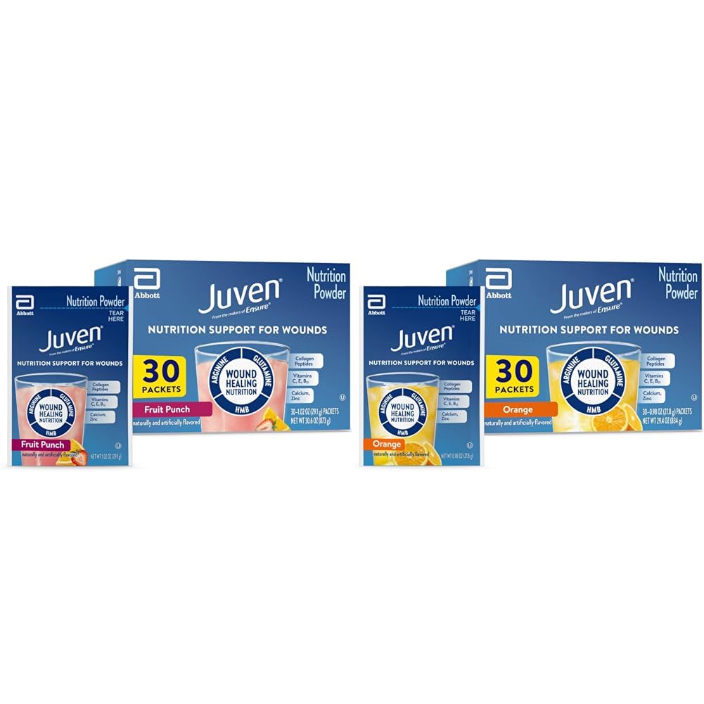 Juven Terapional Nutrition Drink Mix Pulbere pentru Suport pentru Vindecarea Rănilor, Include Proteina Colagen, Orange 30 Count & Fruit Punch 30 Count, 60 Total Pachete