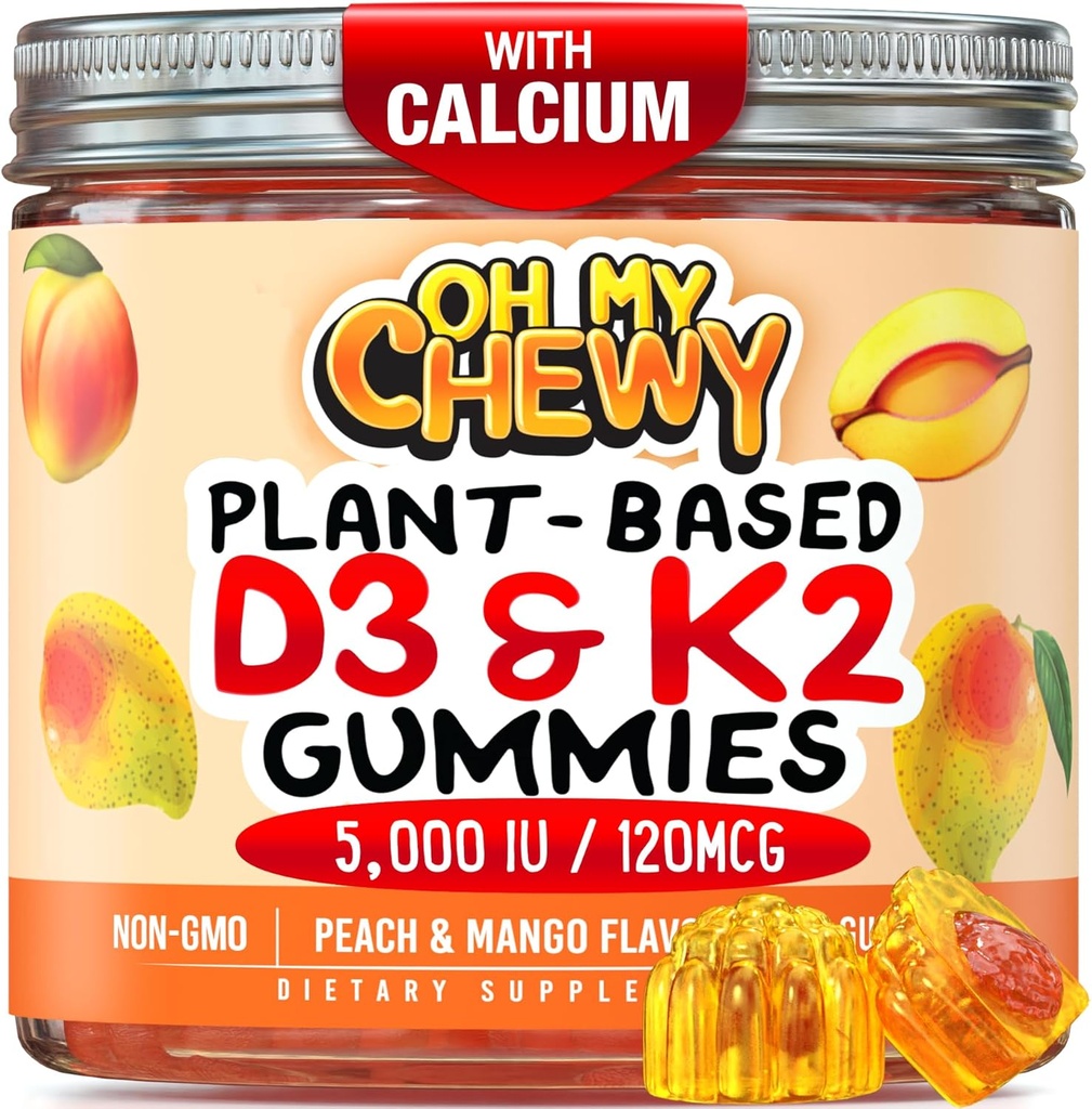 Vitamina D3 K2 Gummies - Copii, adolescenți și adulți - Supliment pentru Dinți Sănătoși, Oase, Energie și Imunitate - 5000 UI D3, 120 mcg K2(MK-7), 120 mg Calciu - Vegan & Non-GMO - 60 Conte