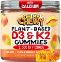 Vitamina D3 K2 Gummies - Copii, adolescenți și adulți - Supliment pentru Dinți Sănătoși, Oase, Energie și Imunitate - 5000 UI D3, 120 mcg K2(MK-7), 120 mg Calciu - Vegan & Non-GMO - 60 Conte