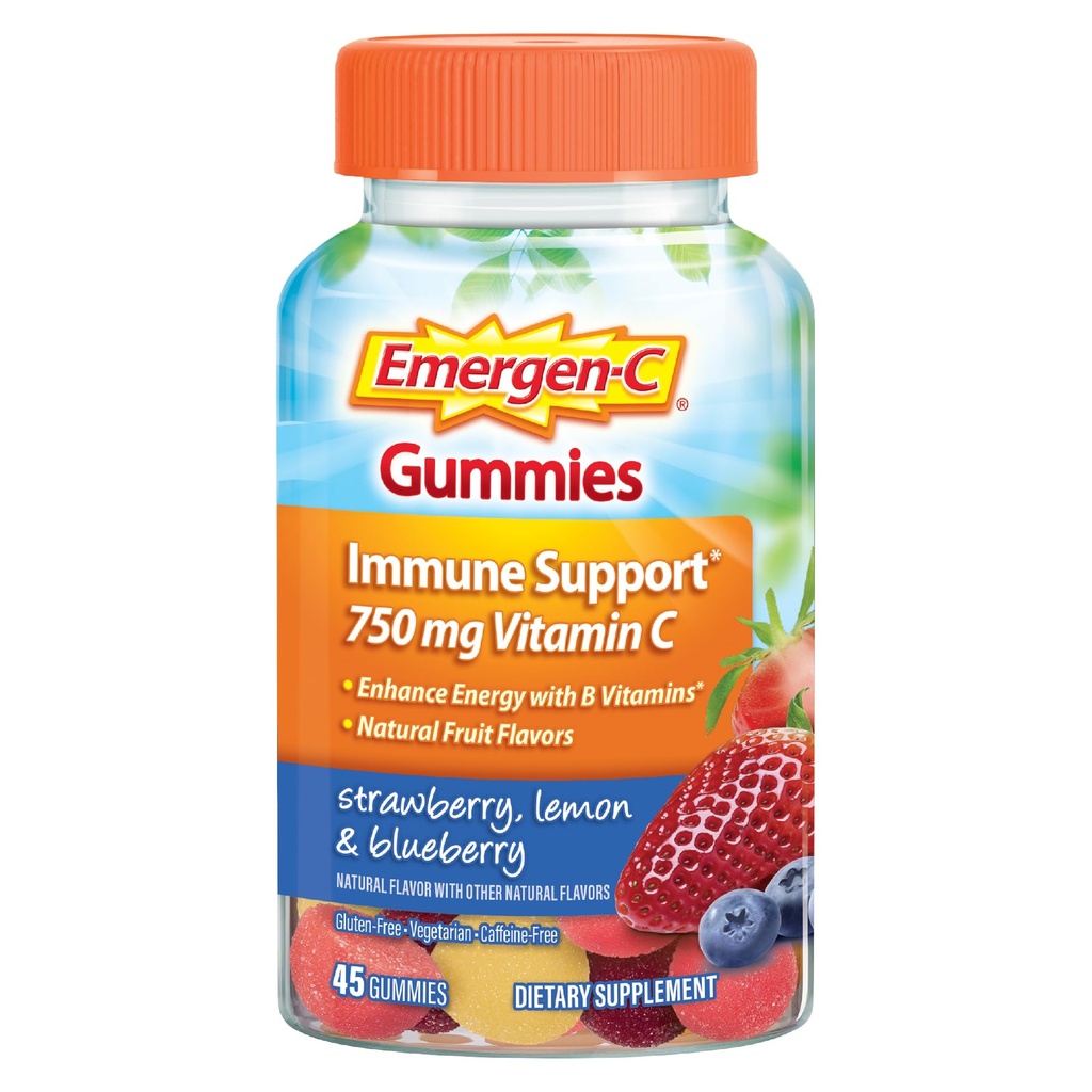 Emmergen-C 750mg Vitamina C Gume pentru adulți, Gume de sprijin imun, Gluten gratuit, Căpșuni, Lemon și aroma de afine - 45 Conte