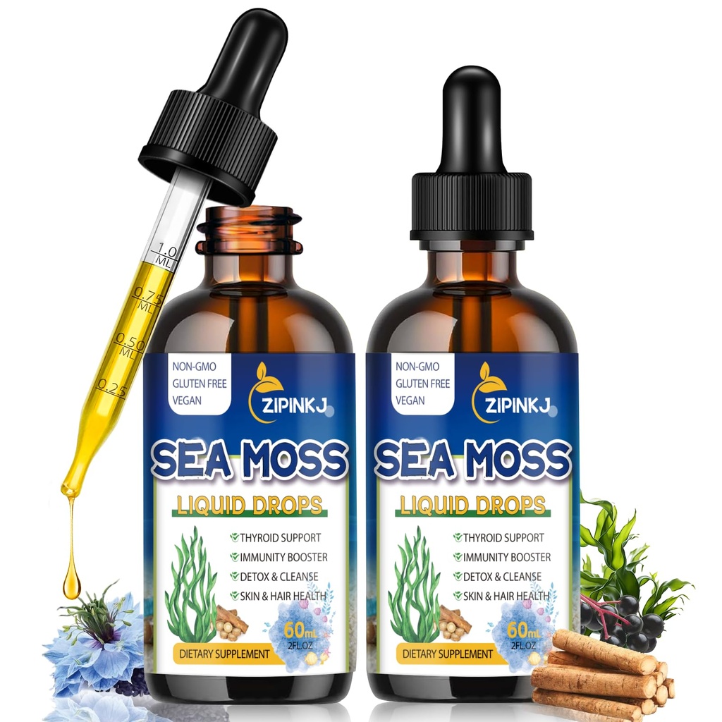 Organic Sea Moss picături, 11 în 1 Black Seed Oil & Irish Liquid Sea Moss Gel Ashwagandha Brodock Root, Spirulina, Bladderwrack, Elderberry pentru Digestion, Imunitate, Skin Health, Non-GMO - 4 Fl Oz