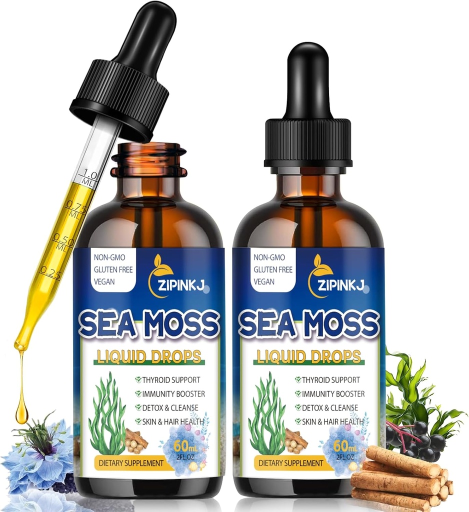 Organic Sea Moss picături, 11 în 1 Black Seed Oil & Irish Liquid Sea Moss Gel Ashwagandha Brodock Root, Spirulina, Bladderwrack, Elderberry pentru Digestion, Imunitate, Skin Health, Non-GMO - 4 Fl Oz