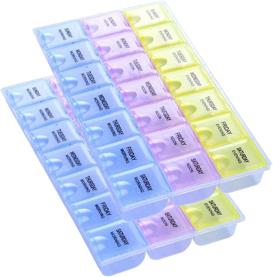 INVODA Pill Case 7 zile săptămânale Pilula cutie cu medicament Reamintire Pilula Organizator - Dimineața Dimineața seara Ziua 21 Compartimente detasabile