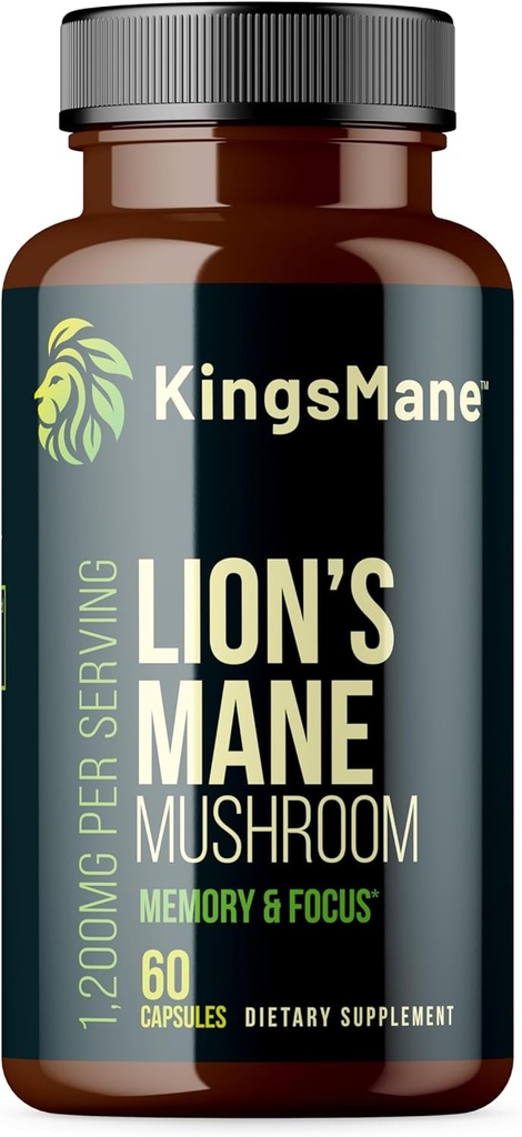 KingsManeTM Organic Lion's Mane Mushroom Supplement, Memory, Focus, & Clarity Brain Support, 1200mg, 60 Capsule