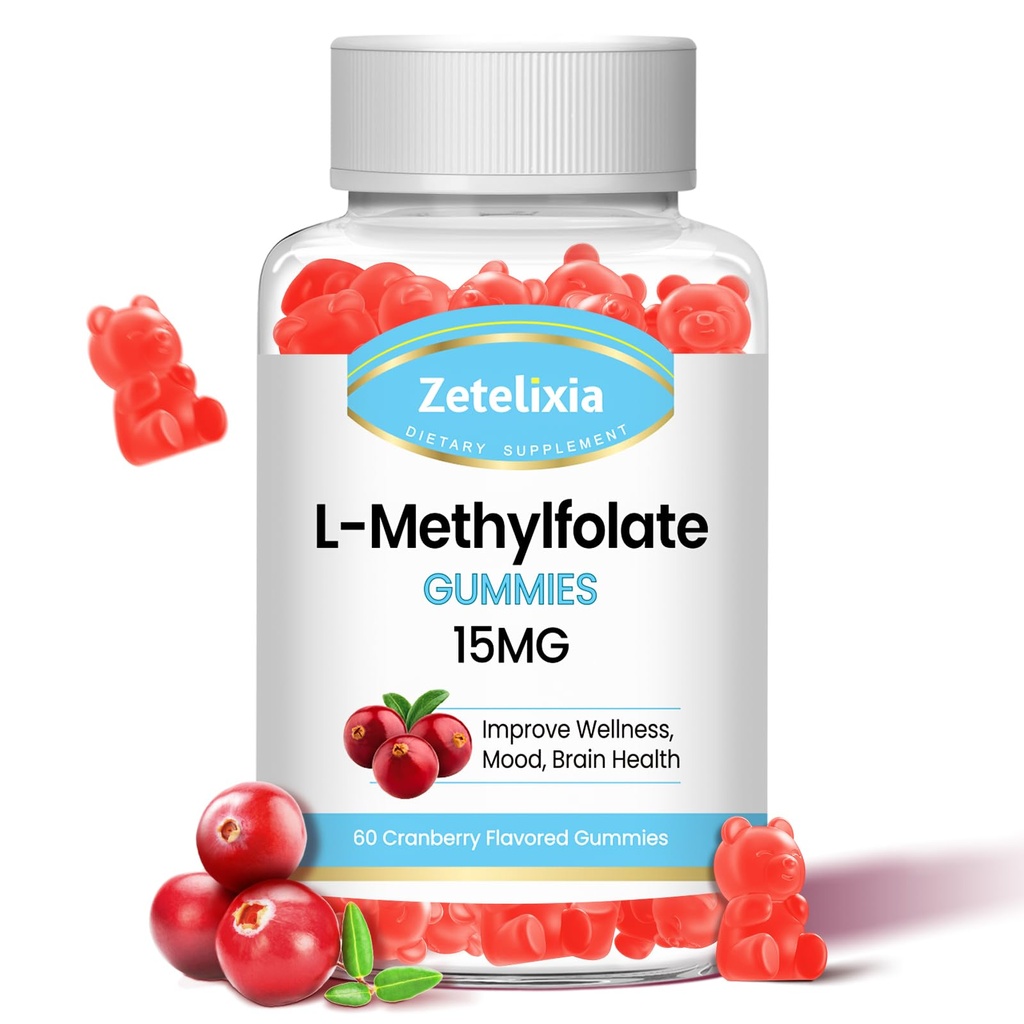 L-Metilfolat 15mg & metil B12 Gummies, Folate Supplement for Brain Health, Mood & Imunity, DNA Sinteza & Reparation, Sugar Free, Vegan, Cranberry Flavor, 60 Count