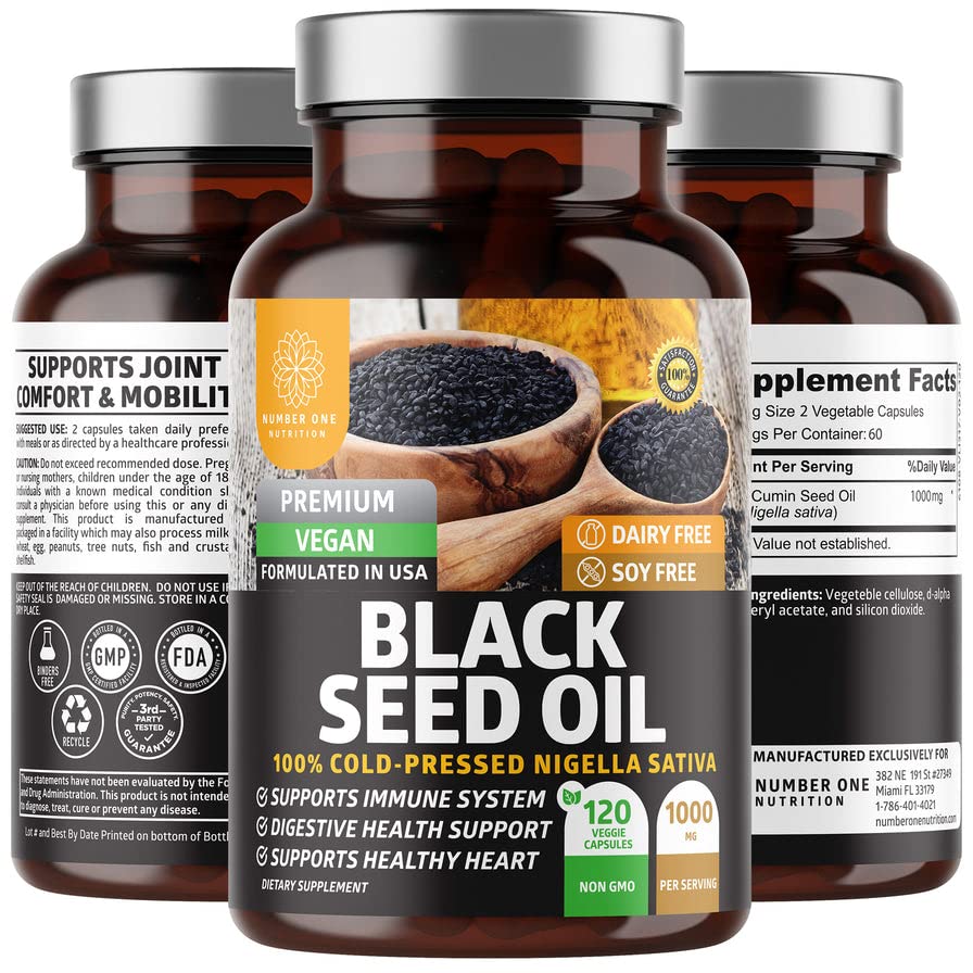 Number One Nutrition N1N Premium Black Seed Oil [Max Force, 1000 mg] 100% Cold-Pressed Nigela Sativa pentru a sprijini Digestion, Immune System și Confort comun și mobilitate, 120 Capsuri