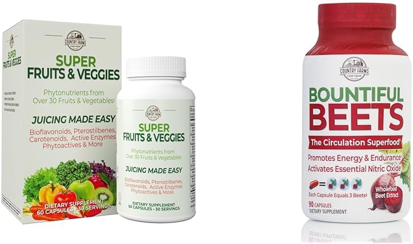 ȚARA Ferme Super Fructe Vegetarii Antioxidante Energie imunitară Capsule digestive + Bountiful Beets Nitric oxid Circulație Capsule imune Bundle, 30 + 90 Serviri