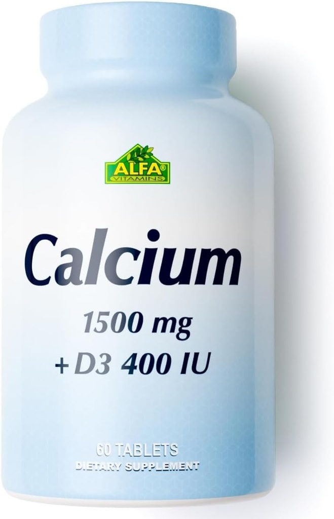 ALFA VITAMINS Calciu 1500mg & Vitamina D3 400 UI, susţine sănătatea osoasă şi sistemul imunitar, Vitamine esenţiale pentru oase şi dinţi puternici, Suplimentul de citrat de calciu cu vitamina D3, 60 comprimate