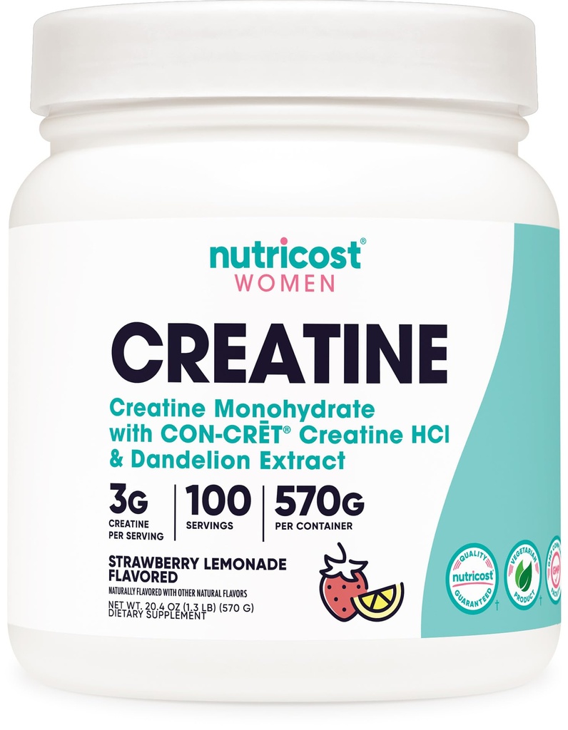 Nutricost Creatina pulbere monohidrat pentru femei, Micronizat, Limonadă de căpșuni, 100 Serviri - Vegetarian, Non-GMO, Gluten gratuit