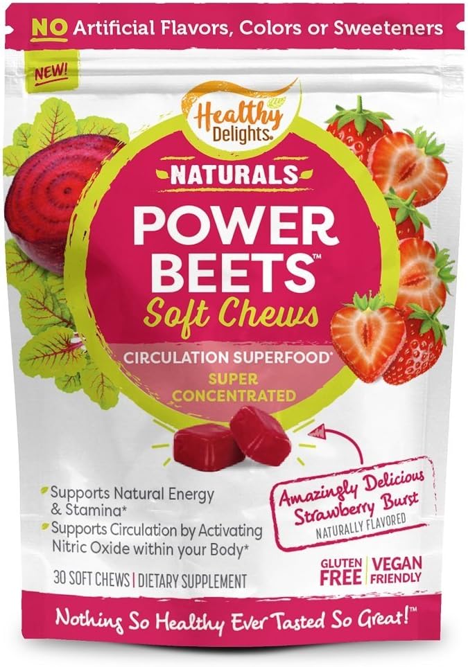 Sanatos Delights Naturals Power Beets Soft Chews, Delicious Strawberry Burst, concentrat Superfood Supliment, Sprijină Circulație, Natural Energy & Stamina, 30 Conte