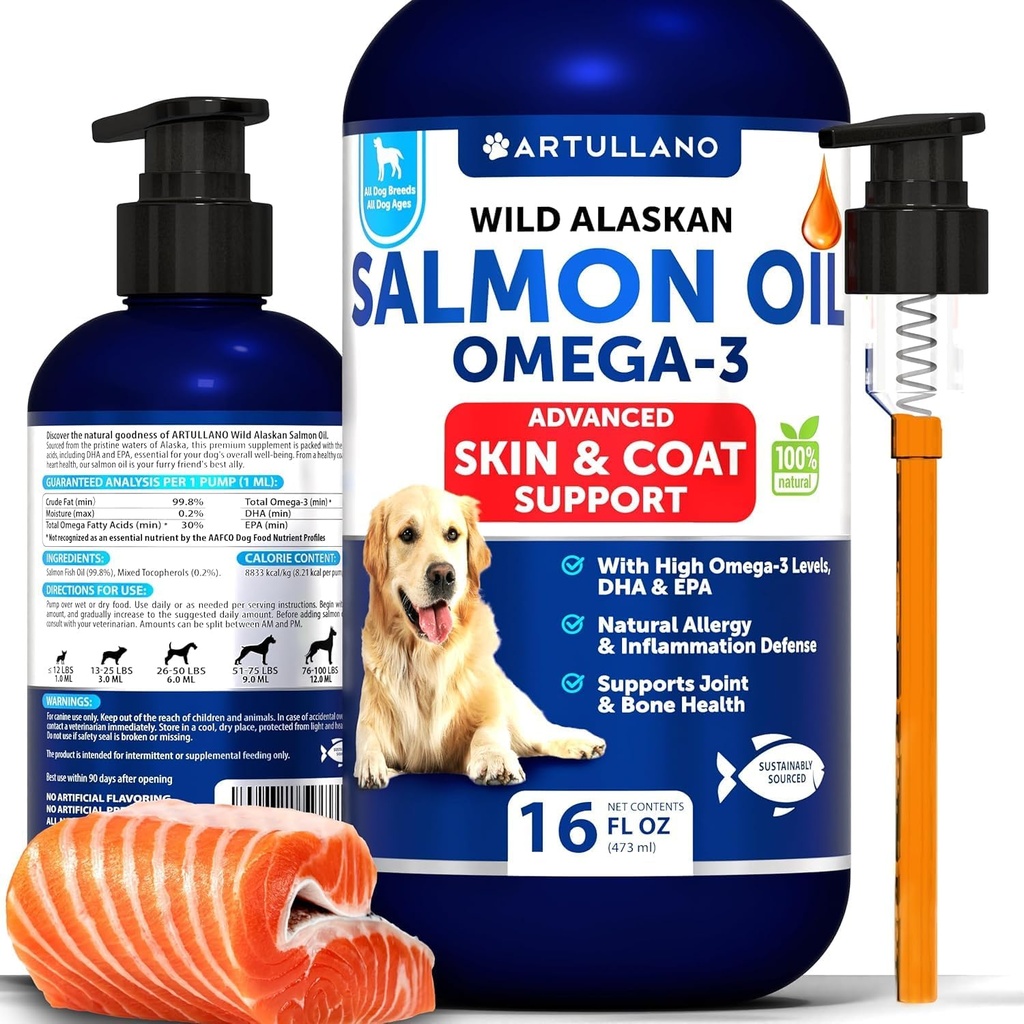 Ulei de somon pentru câini - Omega 3 pentru câini - 16 FL OZ Wild Alaska ulei de pește somon - naturale EPA & DHA acizi grasi pentru piele & haina, Alergie, Joint & Bone Health - supliment de sprijin lichid pentru vărsare