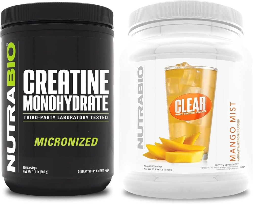 NutraBio Creatin Monohidrat, Nearomatizat, (500 g) și Clear Whey Proteine Izolat, (Mist Mango Mist) Supliment Bundle 