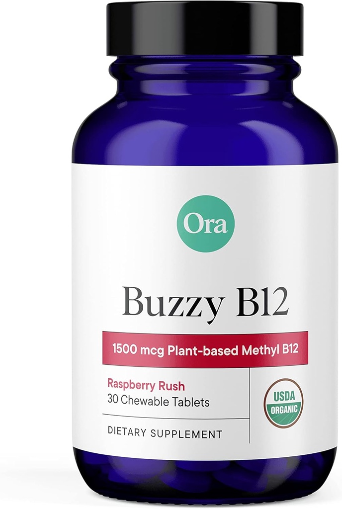 Ora Organic Vitamina B12 1500mcg - Baza de plante metilcobalamină pentru adulți - Natural Stimulant-Free Energy, Aroma de zmeură tablete masticabile, fără adaos de zahăr - 30 tablete