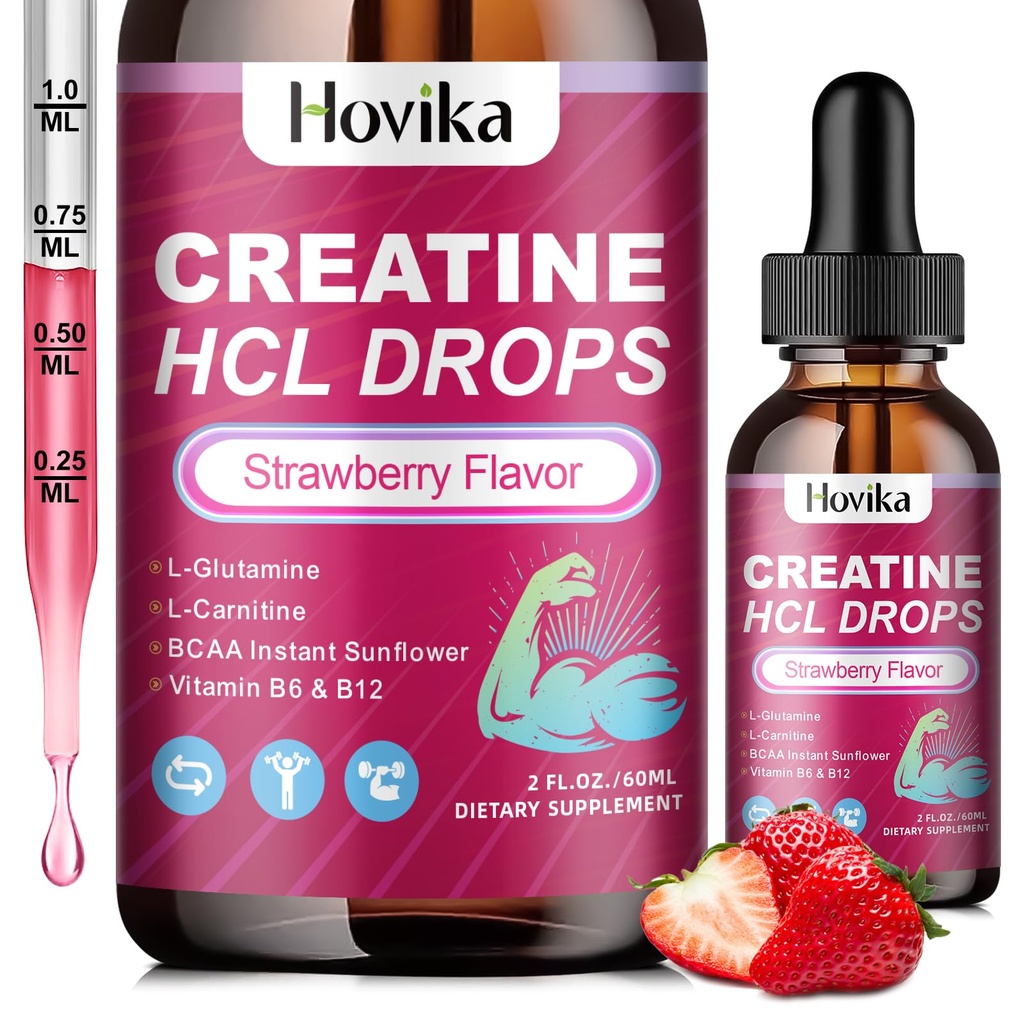 Creatine HCL Picături lichide pentru bărbați și femei, Creatine Hydrochloride cu L-Carnitină, L-Glutamină, BCAA, Vitamina B12 și B6 pentru creșterea musculară, Promovarea energiei și recuperare-Vegan, Aroma de căpșuni, 2 Fl Oz