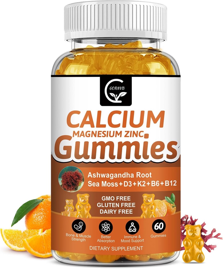 1200mg Gume de calciu cu vitamina D3,K2,B12 & B6 - Supliment complex de calciu cu glicinat,Potasium,Sea Moss,Ashwagandha Rădăcină pentru os și dinți Putere, musculare și imune