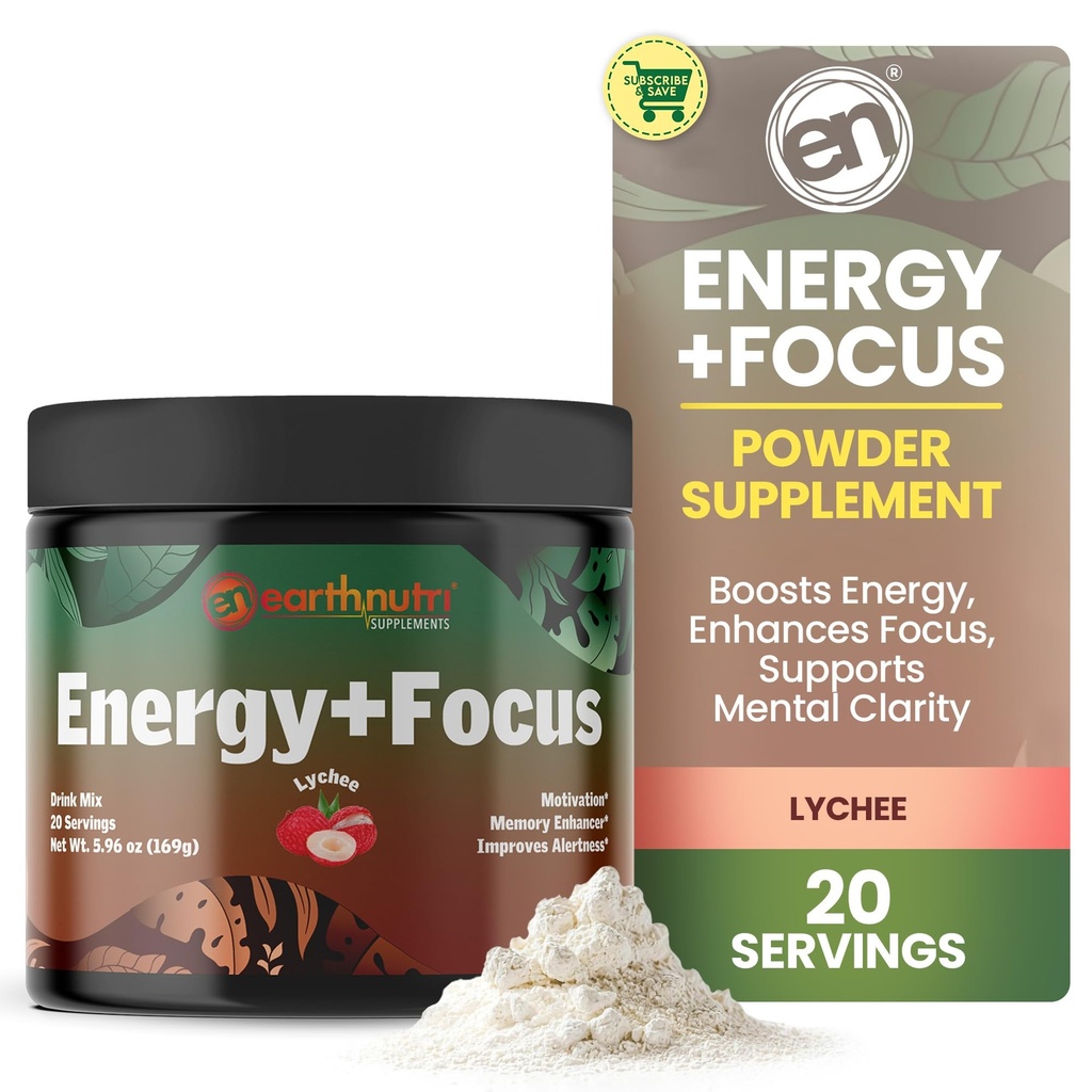 EarthNutri Energy + Focus Powder Supplement - Energy Boost & Helps Concentration with PeakO2, AlphaSize, Cognizin, PurCaf, Theacrine, Acetil L-Carnitine L-Tyrosine 