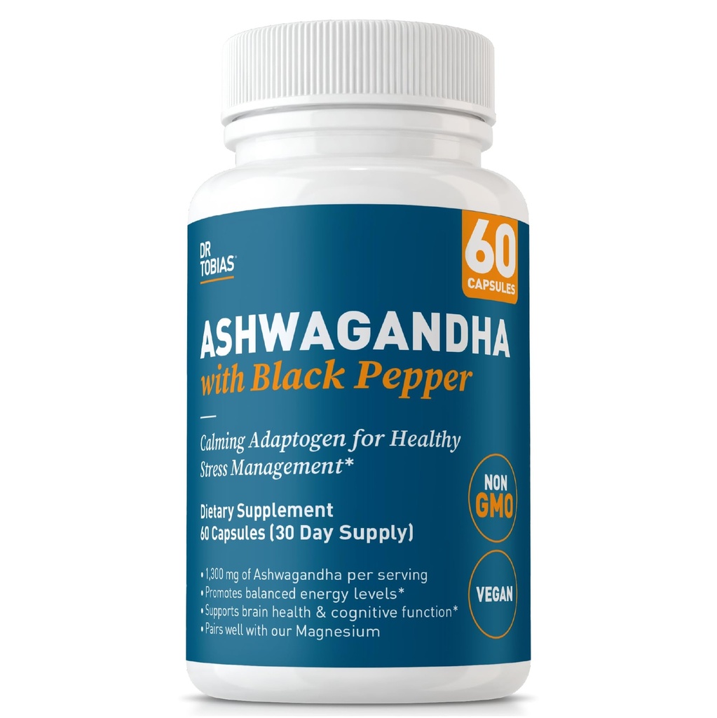 Tobias capsule Ashwagandha, 1300 mg extract organic de rădăcină Ashwagandha Per servind cu piper negru, calmant Adaptogen, Energie & Focus Supliment, 60 capsule vegetariane