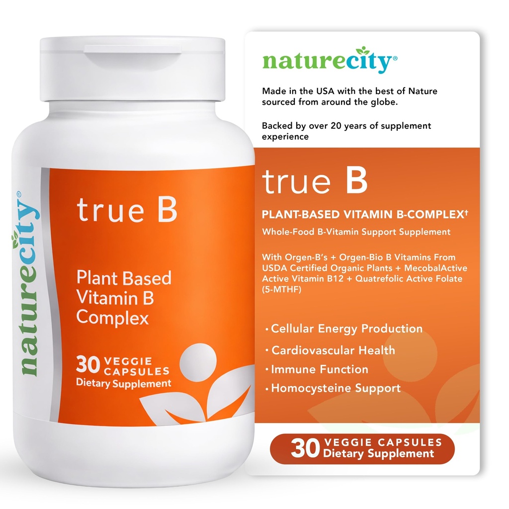 NatureCity True-B Plant-Based Super B Vitamin Complex Supplement |Made from Certified Organic Whole Food Plant Sources with Active Folate and Vitamin B12 - (30 Veggie Capsules)
