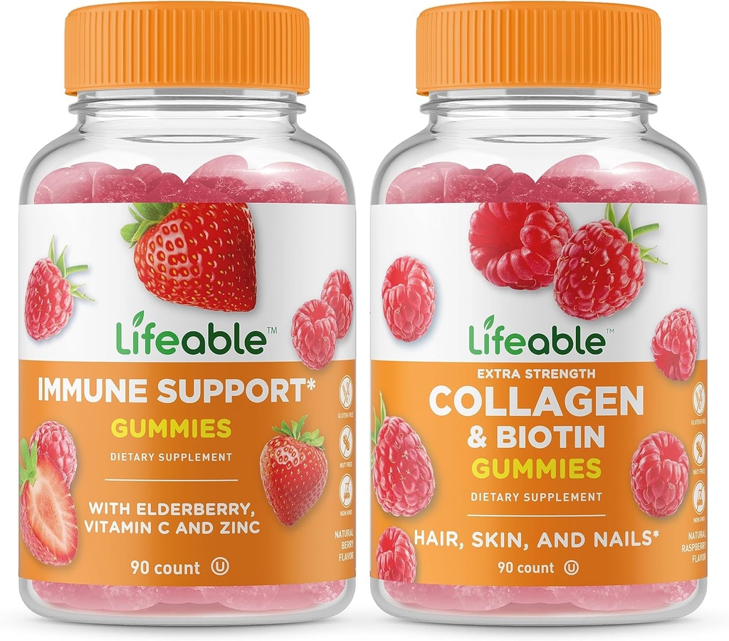 Suport imun durabil + Colagen & Biotin, Gummie Bundle - mare Tasting, Supliment de vitamine, Gluten gratuit, OMG gratuit, Guma de mestecat