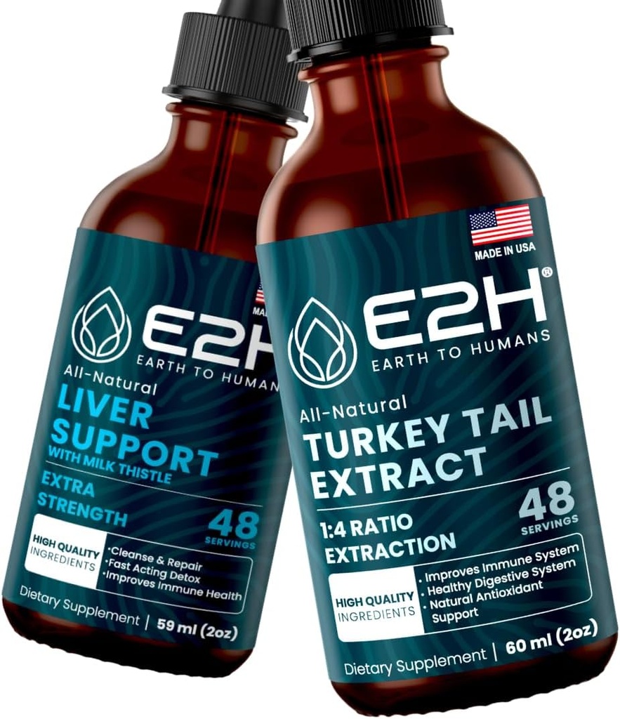 E2H: Suplimentul de suport pentru ficat și Turcia Tail Mushroom Extract de Vegan, Non-GMO - 2 Fl Oz Each (4 Fl Oz Total) - Bundle