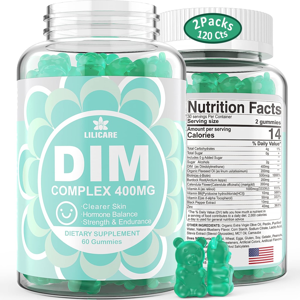 DIM Supliment Femei 400mg, Estrogen Supliment pentru femei, Sugar gratuit DIM Gummies pentru bărbaţi şi femei + Biotin, ulei de in, Burdock, Calendula, BioPerine pentru Hormon echilibru, Menopause & Prostate 120Cts