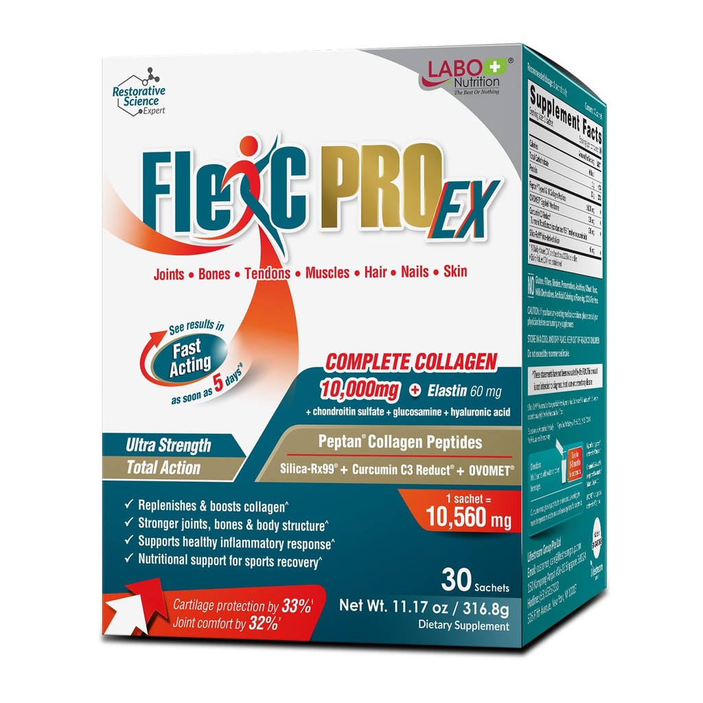 Labo Nutrition FlexC PRO EX, Colagen Full Spectrum, Tip I, III, V & X, Peptan Colagen, Oushell Membrane, Siliciu solubil de apă și Curcumin C3 Reduct, pentru păr, Piele, Nails, comun, Oase, Muşchi