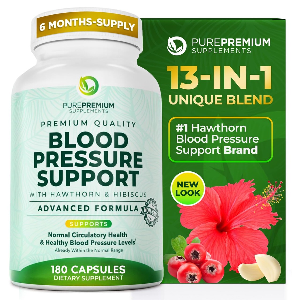 PurePremiu Suplimente de presiune a sângelui cu Hawthorn Berry, Hibiscus, Usturoi & Vitamina B12-Nitrogen supliment pentru sanatatea normala a inimii, Circulație Sănătate și suport de presiune a sângelui - 180ct
