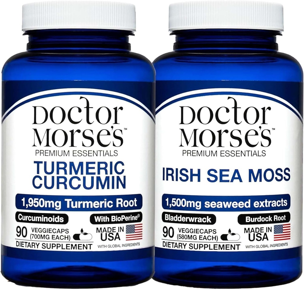 Dr Morse Curcumin Curmeric 1950mg & Irish Sea Moss 1500mg Bundle - Suport comun, Immune Boost, și sănătatea generală cu BioPerine și Bladderwrack FDA-Registrate, NSF-Certificat 90 capsule