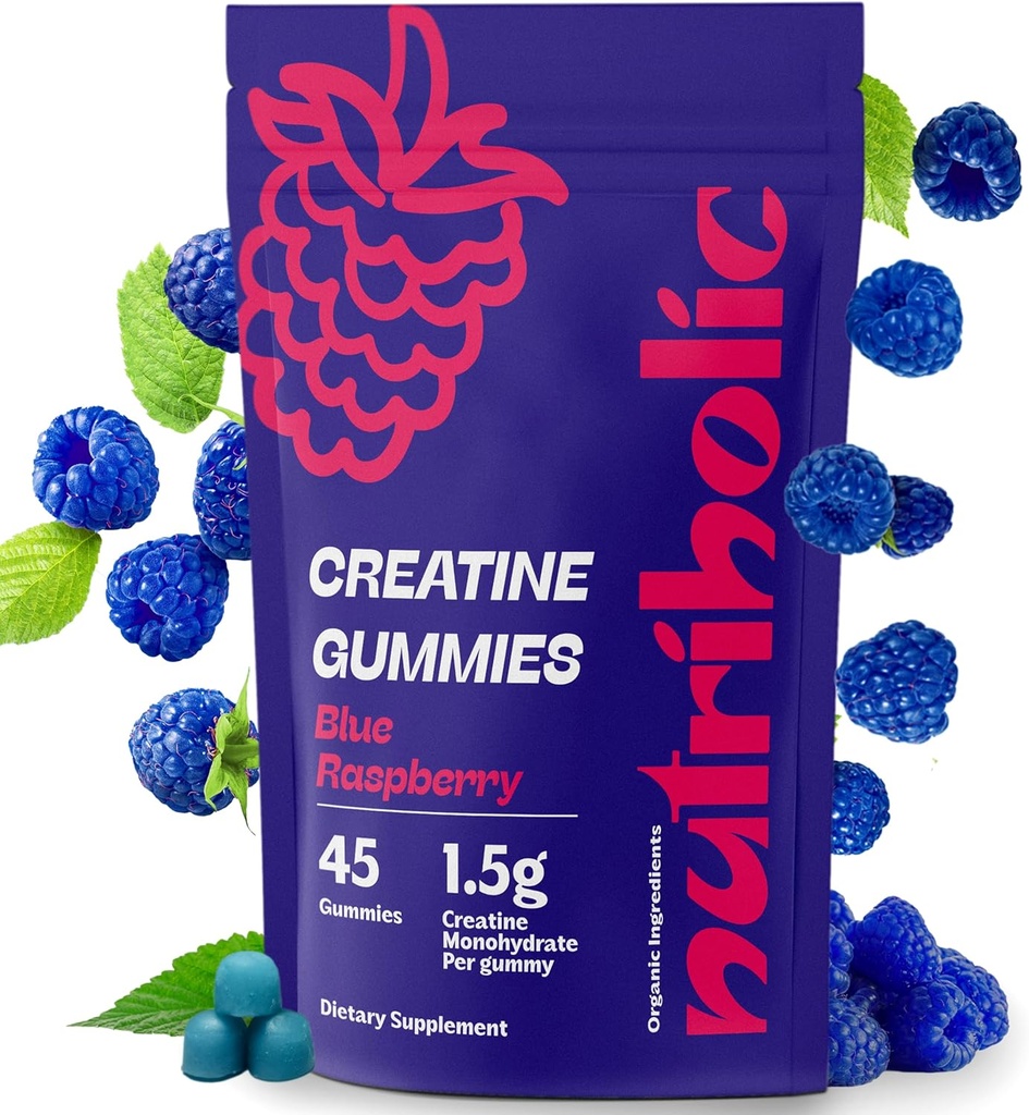 Creatine Monohidrat Gume pentru bărbaţi şi femei - Ușor de digest, Vegan, Gluten-Free, non-GMO, 1,5g de Creatină per Gummy - 45ct (45 Conte, Blue Raspberry)