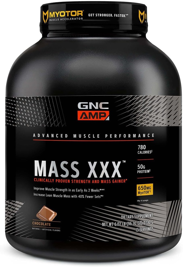 GNC AMP Mass XXX, Clinic dovedit greutate Gainer Proteina pulbere, Îmbunătățește puterea și dimensiunea, 780 Calorii, 50g Proteina, Micronited Amino Acids, Creatina, Betaina, Ciocolată, 13 Serviri, 6 Lire