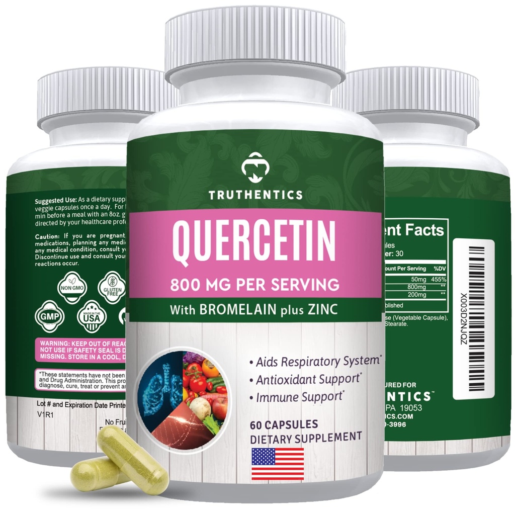 TRUTHENTICS Querbetin cu Bromelain şi zinc 1050 mg - Premium Zinc Querbetin Suplimente pentru suport imun, respirator şi sezonier - non-GMO, Gluten gratuit - 60 Veggie Capsule