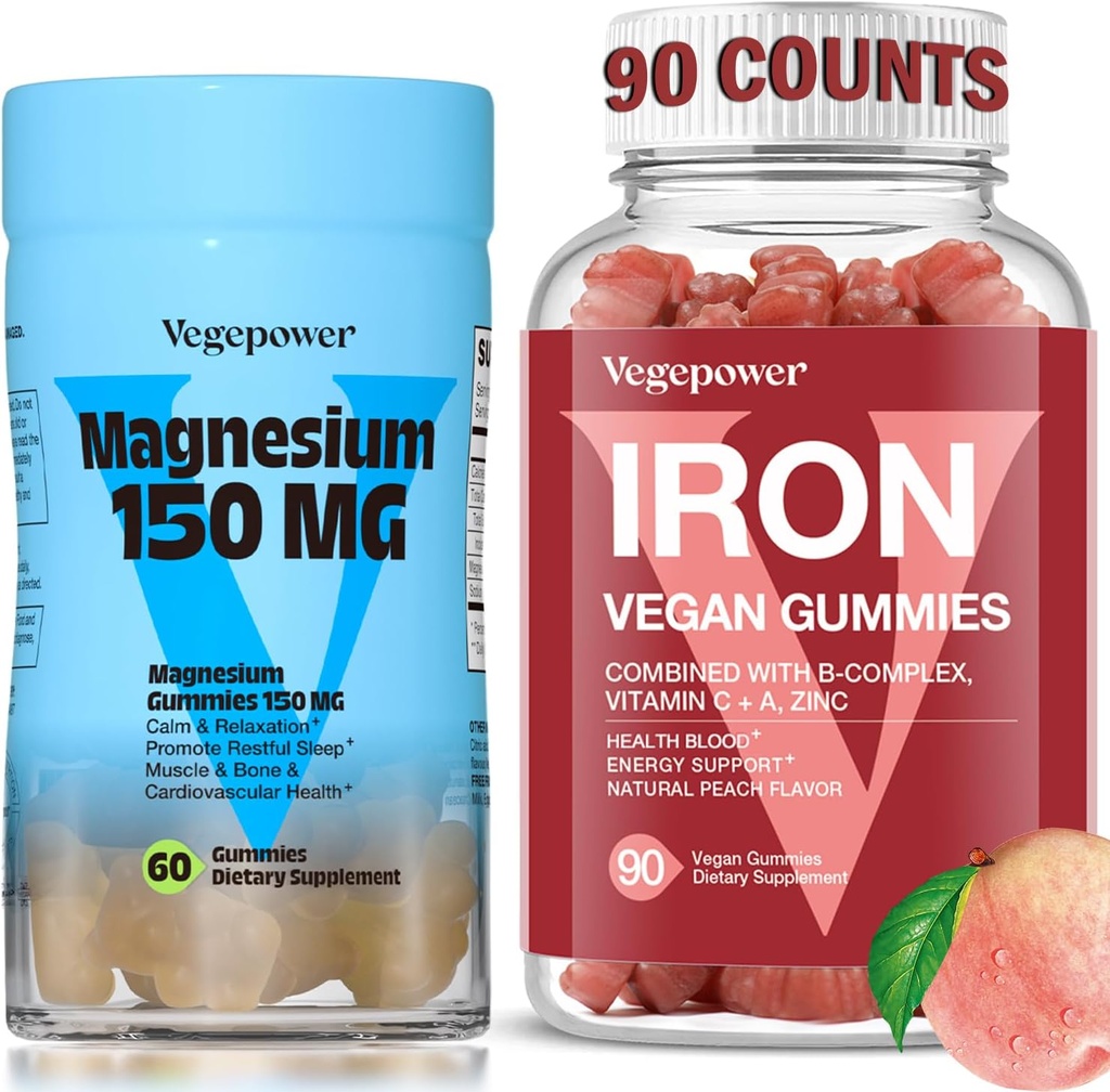 Supliment de fier cu gume de Magensium, Gume de fier Vegane cu vitamina C, A, B-complex, Folat, zinc pentru adulți și copii, pentru deficit de fier, anemie, somn de relaxare, non-GMO