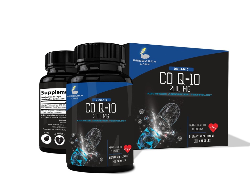 Research Labs Advanced Absorbtion 200mg CoQ10 w/Black Pepper Extract. 90 Softgels. Organic, Gluten gratuit, Heart Health Support, Productia de energie, Antioxidant Supliment