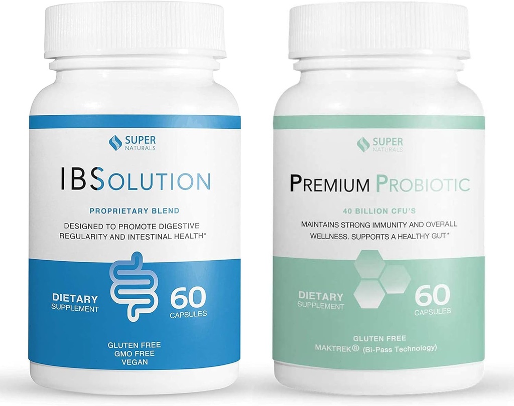 IBSolution Gut Health Bundle - All Natural Gut Health Support & Premium Probiotices w/ 40 Miliarde CFU pentru susținerea Bowels neregulate, Blooting, Constipație, Gaz, Durere abdominală - 2 Pack (120 Capace)