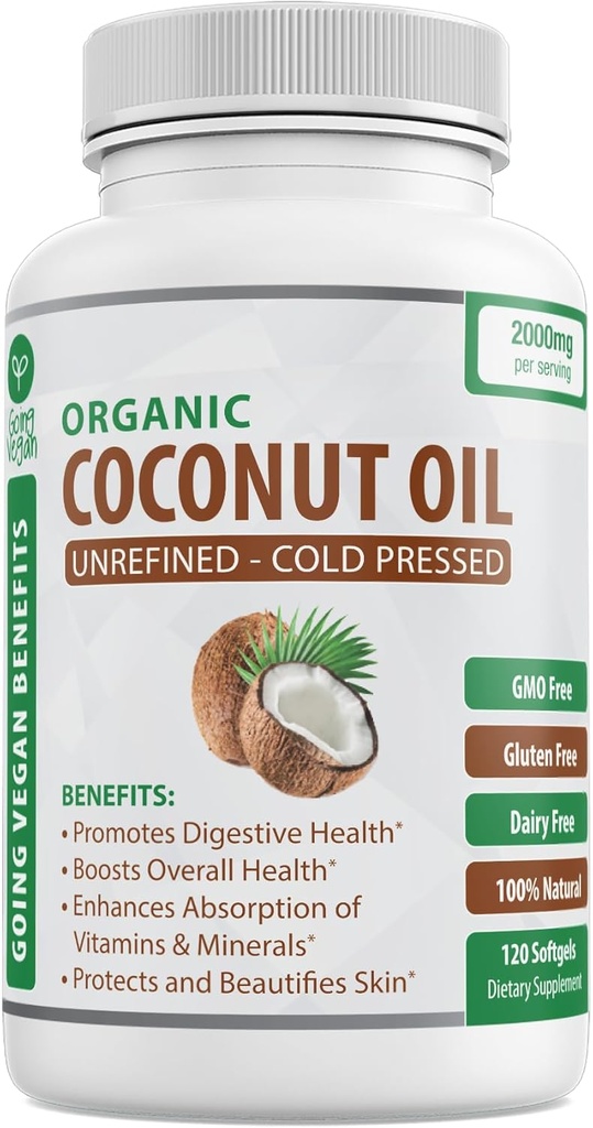 Capsule organice de ulei de cocos 2000mg - 100% Extra Virgin, rece presat pentru piele sanatoasa, cresterea parului suplimentar, Ingrijirea unghiilor, Booster creier - 120 Softgels - Unrafinat pastile pure și non OMG - bogat in MCT