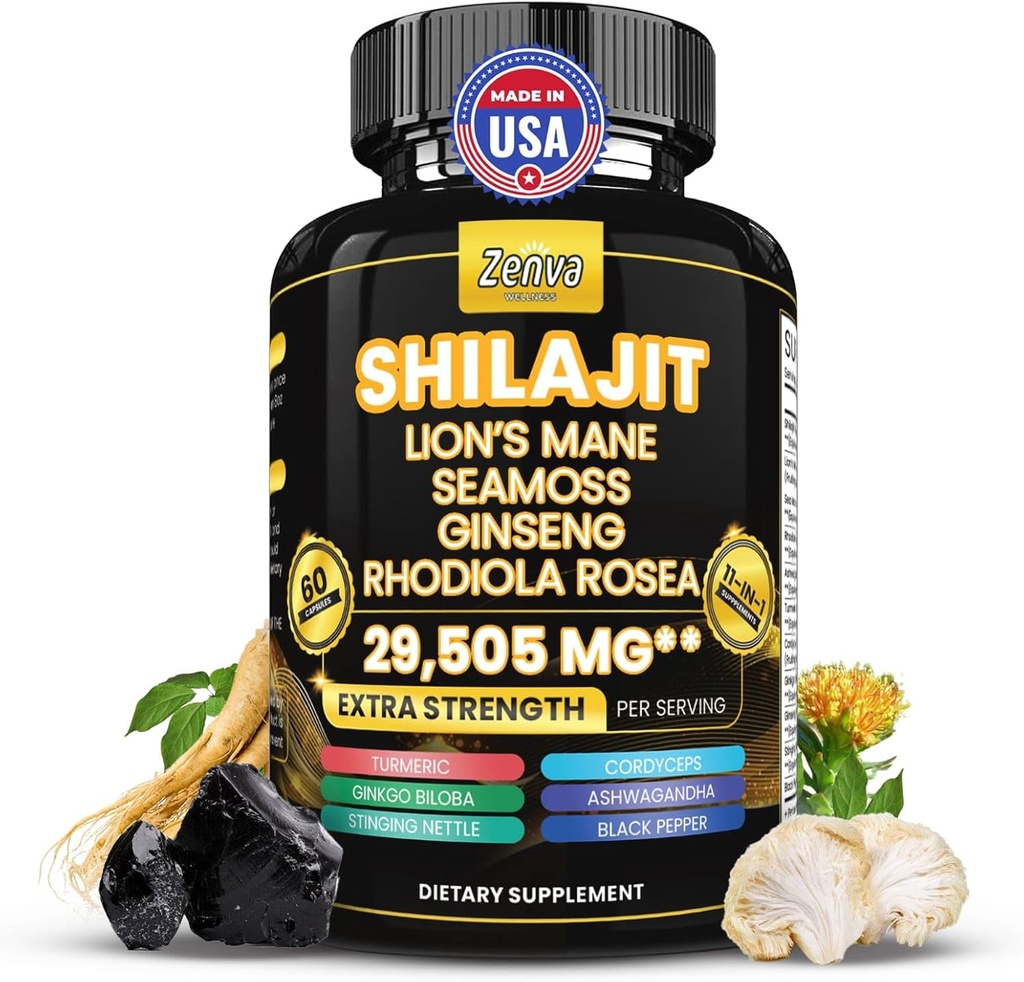 Shilajit și Sea Moss Combo Pure Shilajit pentru bărbați și femei Himalayan Shilajit Capsule Extra Putere cu Lions Mane, Rhodiola Rosea, Ashwagandha, Cordyceps, Ginseng Plus Turmeric