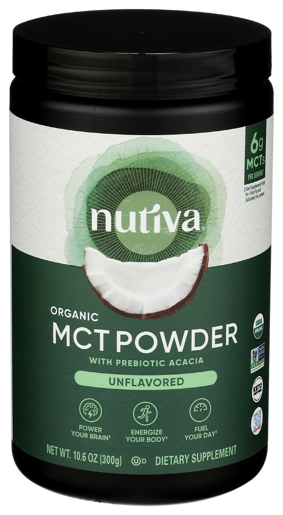 Nutiva Organic MCT Pulbere cu Prebiotic Acacia Fiber, Classic, 10,6 Oz, USDA Organic, Non-GMO, Non-BPA, Vegan, Gluten-Free, Keto & Paleo, Băuturi instant sau Boost to Coffee & Smoothies