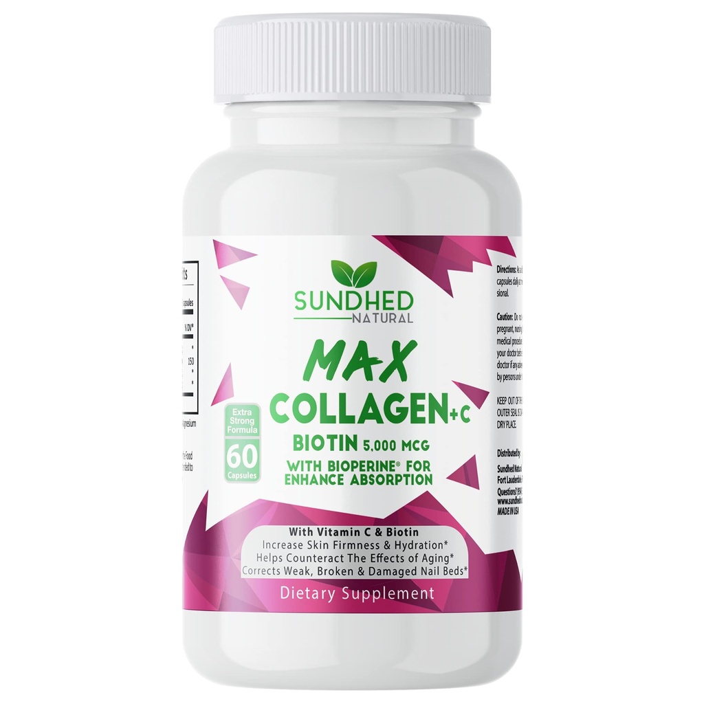 Max Colagen Plus C (60 capace) - Toate capsulele de colagen natural cu Biotin & Bioperine pentru a stimula hidratarea anti imbatranire si fermitatea pielii - Colagen pastile pentru a consolida oasele si unghiile