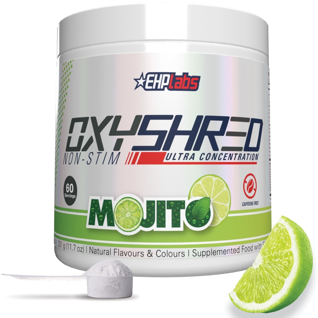 EHP Labs OxyShred Non Stimulant Praf de antrenament Pre - Stim Free Pre Workout, Cafeina Free Preworkout pentru bărbați și femei - non Stim Preworkout - Praf de energie fără zahăr - Mojito, 60 Serviri