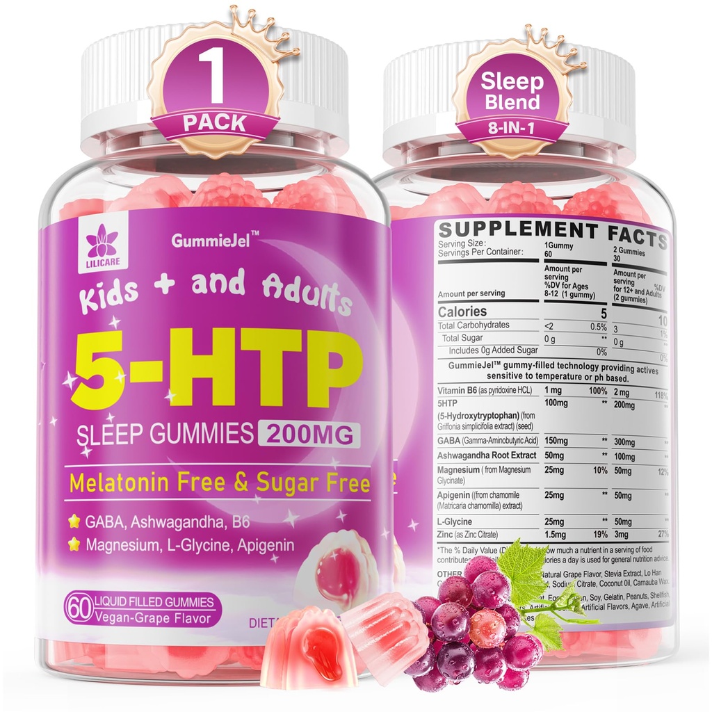 Gume 5HTP pentru adulți și copii 8+, gume melatonine gratuite cu glicinat de magneziu, GABA, L-Glycine, Ashwagandha, vitamina B6 pentru Zzzs delicios, creier și relaxare musculară, 0 Count de zahăr 60 (Pachet de 1)