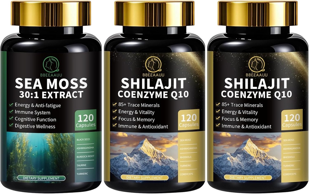 Mușchi de mare și capsule Shilajit pentru bărbați și femei, Toate în 1 Suplimente cu Shilajit, Sea Moss, Cozyme Q10, Black Seed, Ashwagandha, Bredock pentru energie, Antioxidant și suport imunitar
